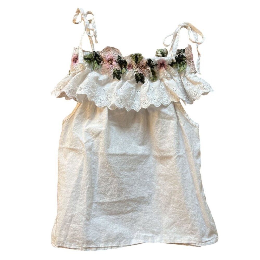 Girls Humor Bear White Embroidered Floral Ruffle Shoulder Cotton Top Size 130
